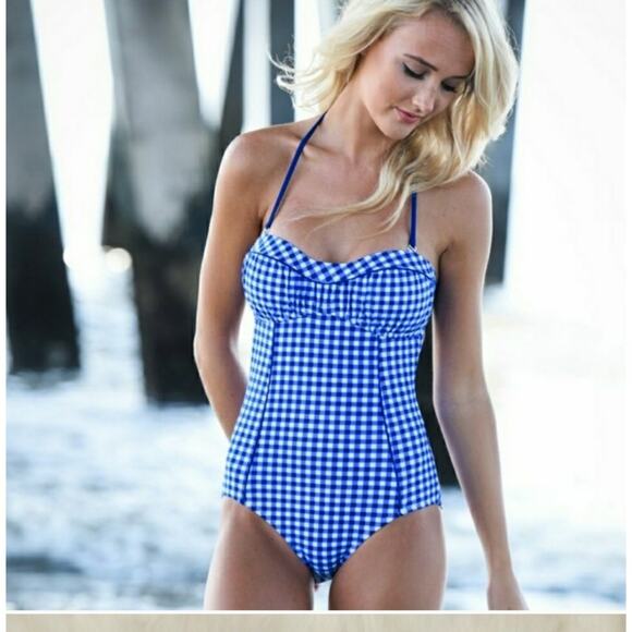 Lauren James blue gingham checked convertible 1 piece swimsuit SZ SM - Picture 1 of 6